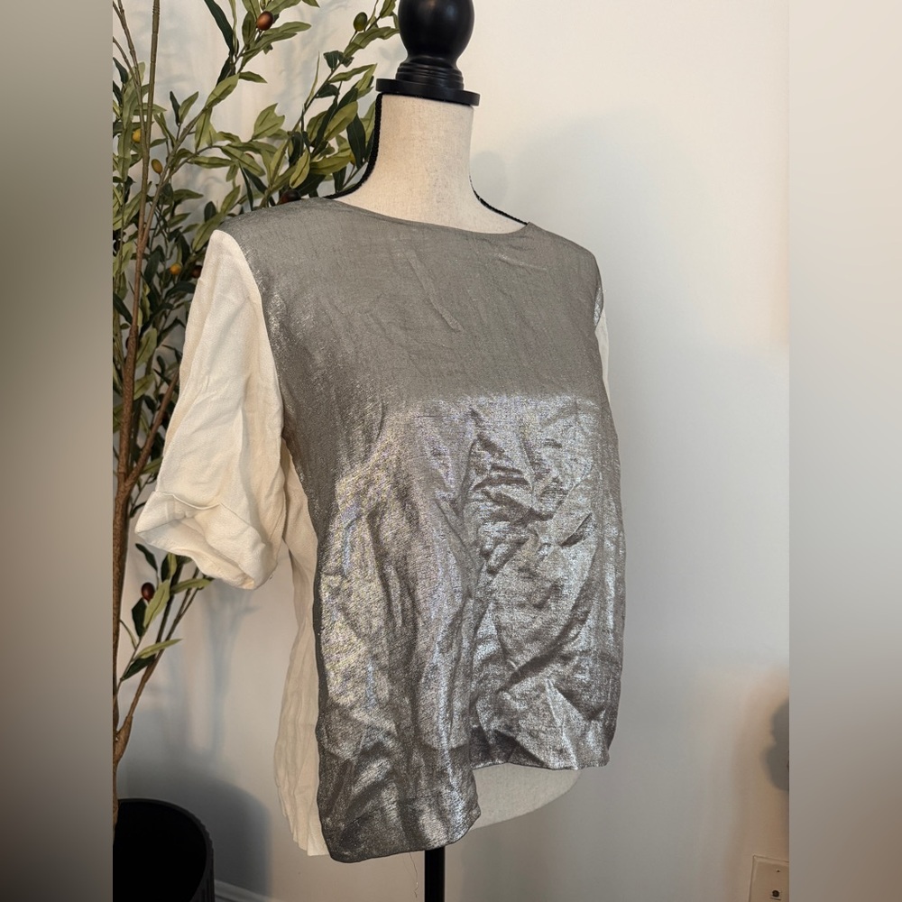 Maje Silver Metallic and Cream Short Sleeve Top Size XS - Picture 1 of 5